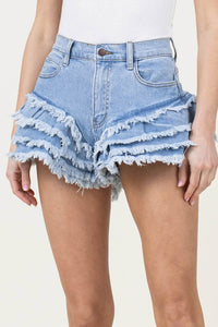 FRINGE DENIM SHORTS