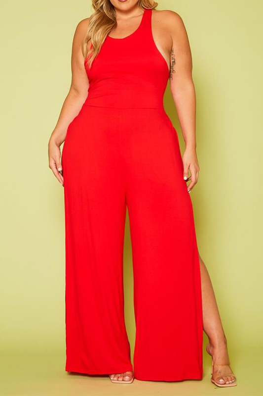 Plus Size Halter Top Wide Leg Slit Jumpsuit