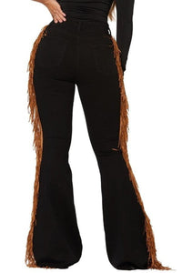 Black Bell Bottom Jean with Side Fringe