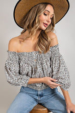 Load image into Gallery viewer, ANIMAL PRINT SMOCKED OFF THE SHOULDER TOP
