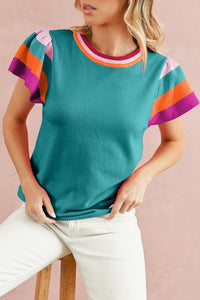 Contrast Sleeve Striped Round Neck Knitted Tee