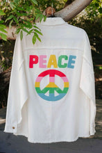 Load image into Gallery viewer, Multi Color Lettering Peace Symbol Button Up Shirt
